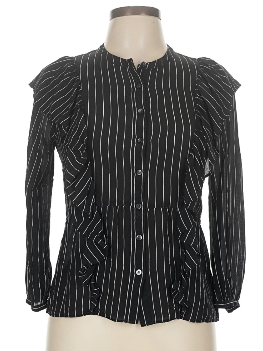 Black Striped Madewell Ruffled Top Button Blouse xs